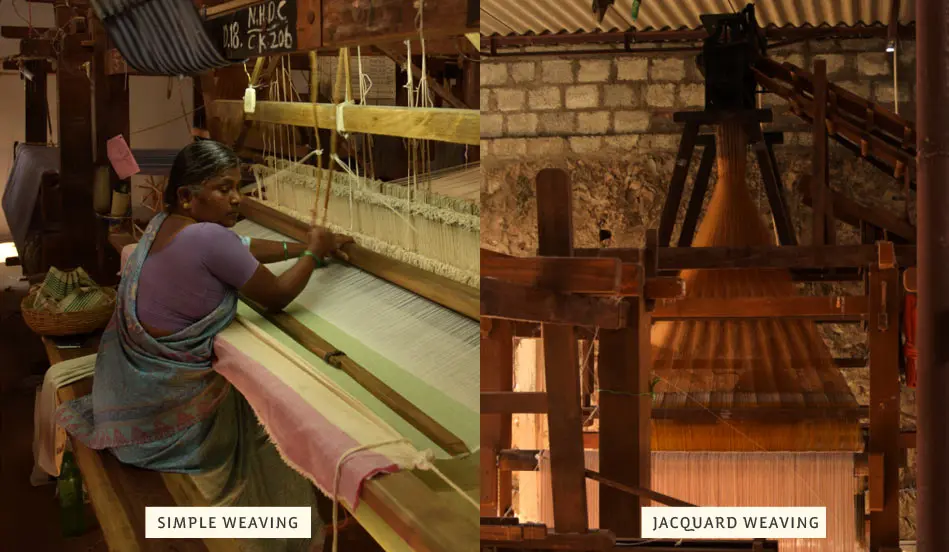 Contrast between handloom weaving process and powerloom factory setup